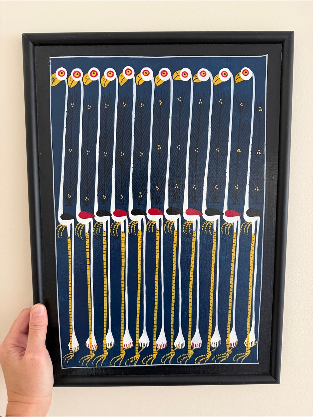 Stylized Flock of Flamingos Framed Art - Navy, White & Gold.